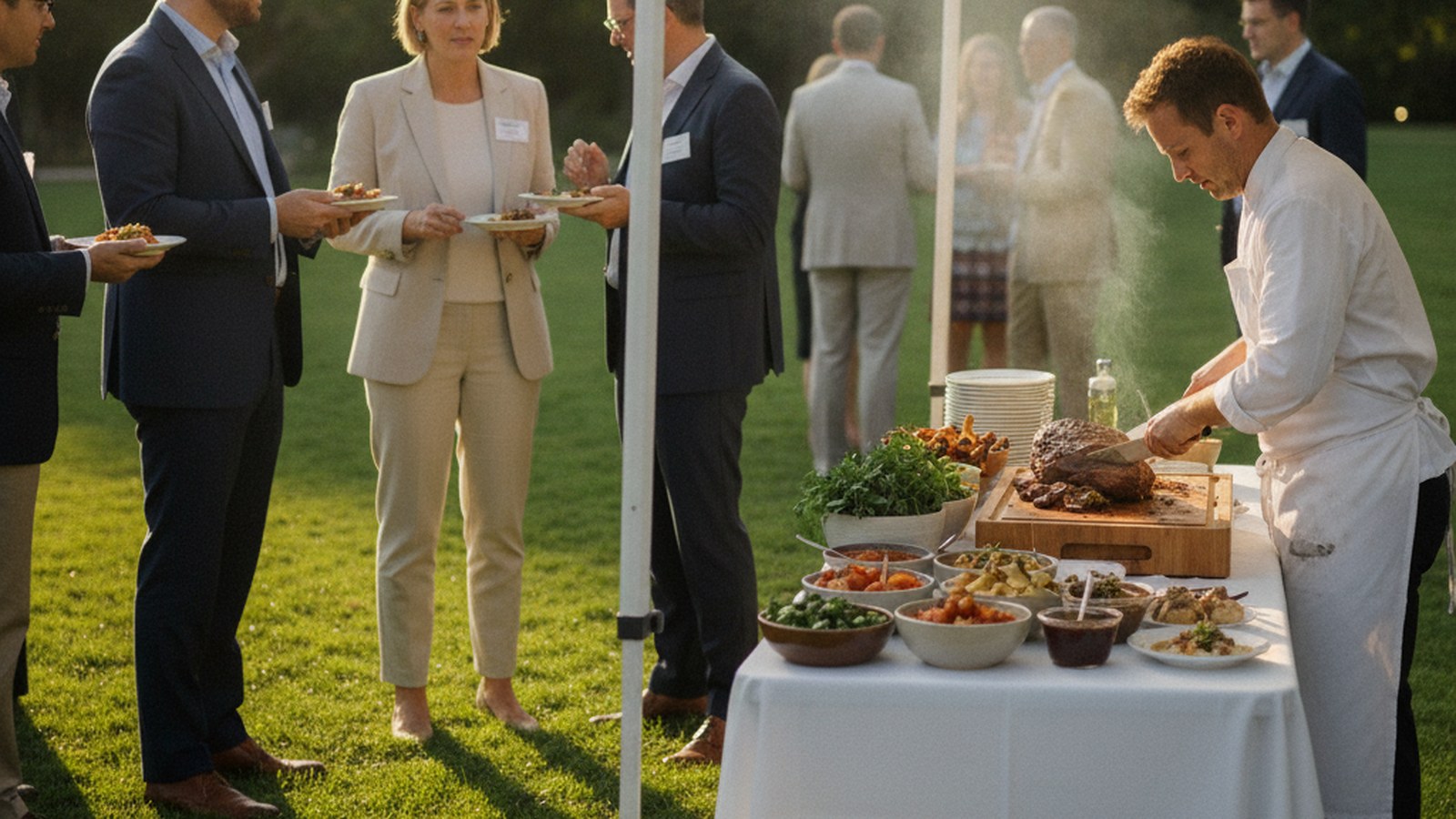 Corporate function on a lawn with a catering carving station under a gazebo