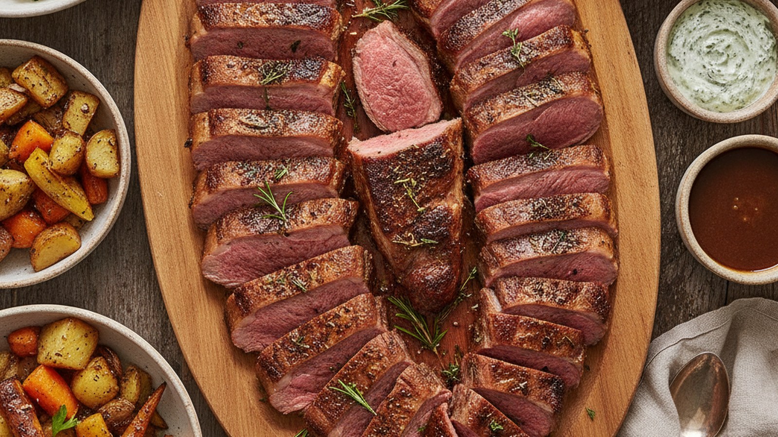 Platter of freshly carved roast lamb with rice, roasted vegetables and salads