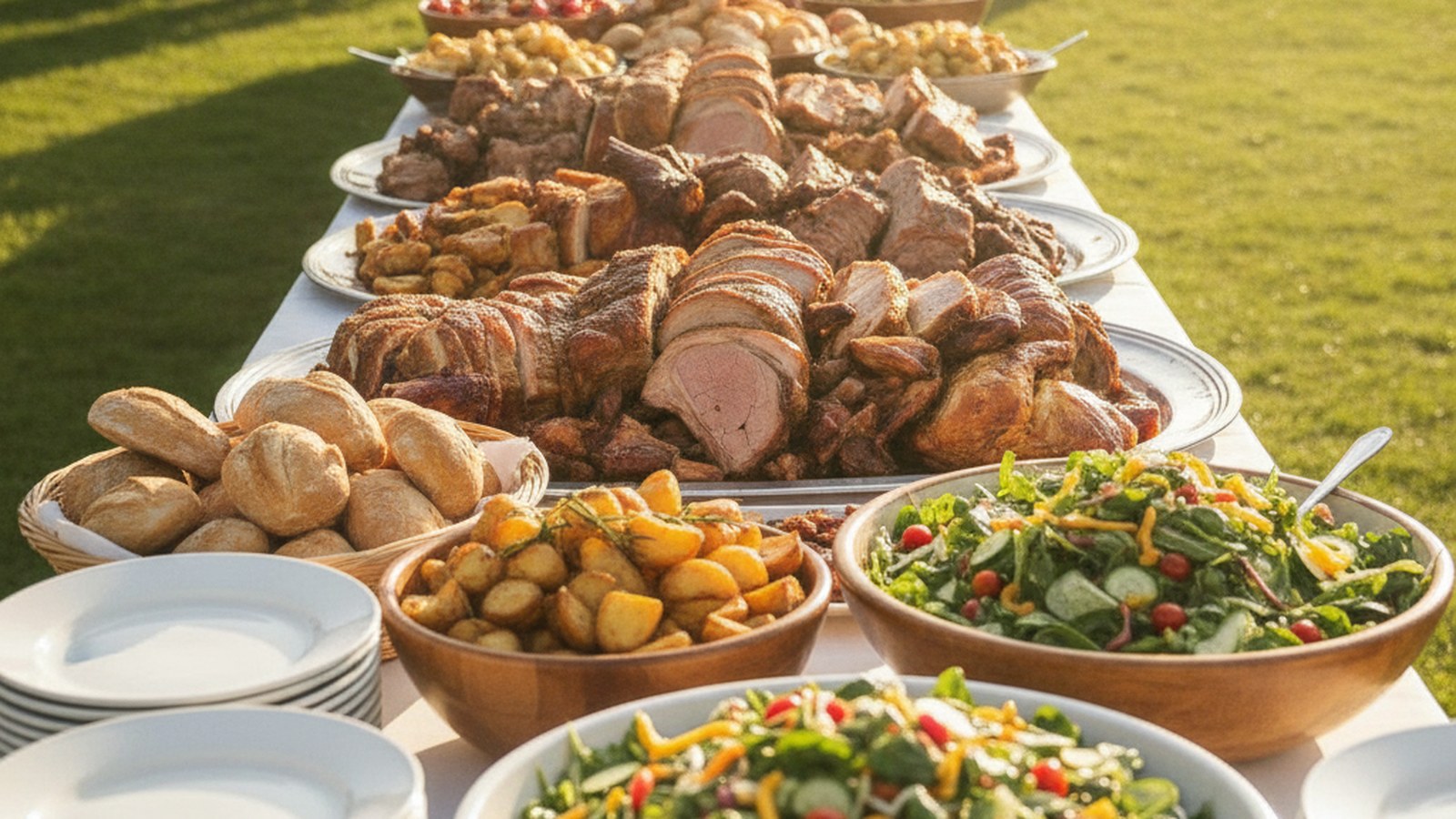 Carved spit-roast meat and side dishes laid out on an outdoor catering table