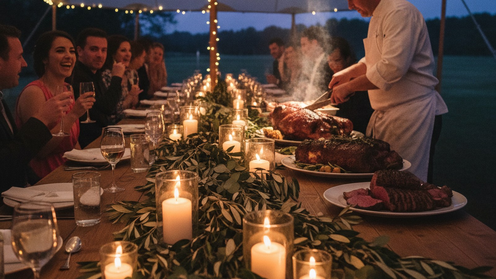 Outdoor wedding reception at dusk under a stretch tent with a carving station