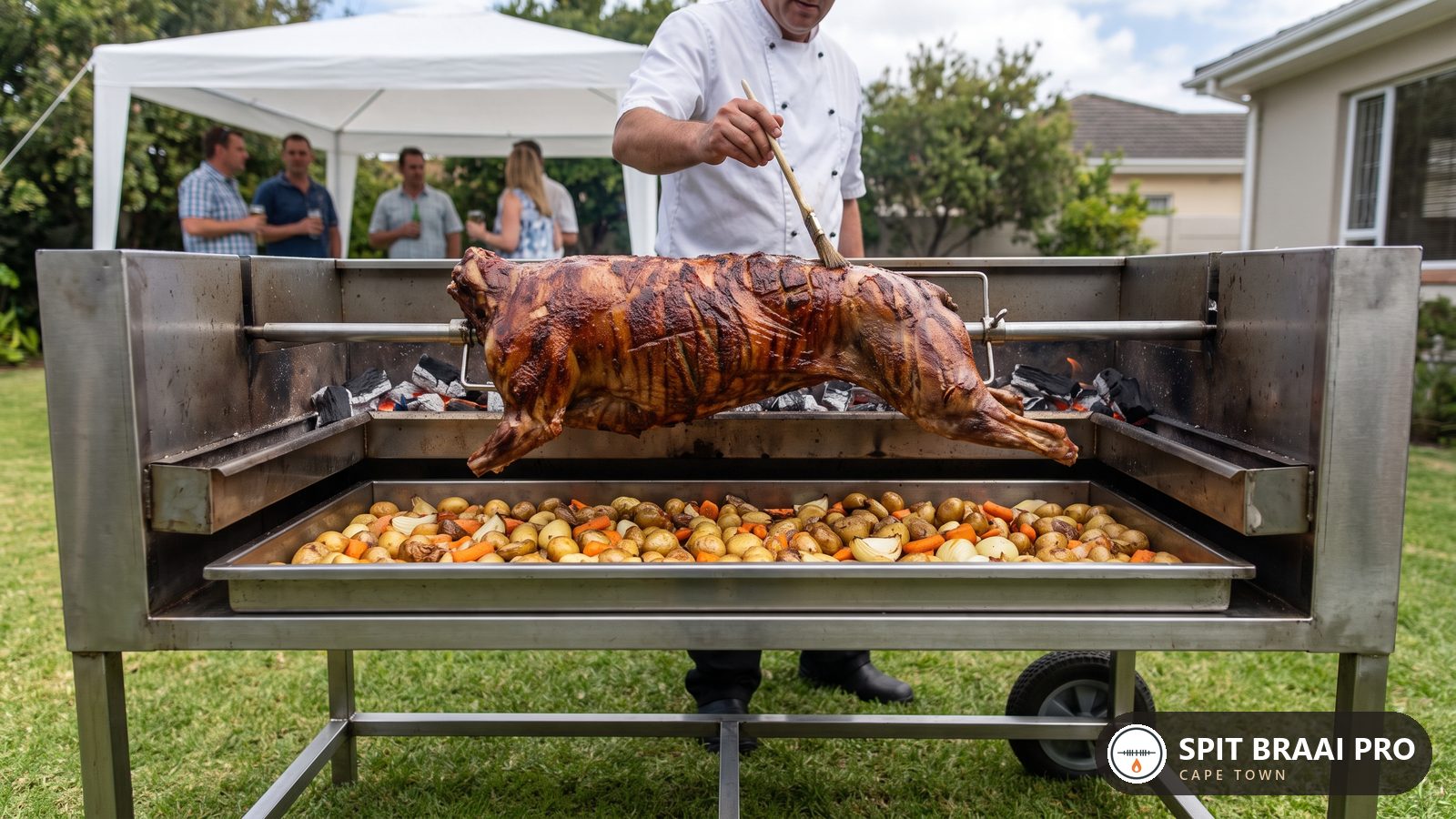 Whole lamb turning on a charcoal spit at a Durbanville garden spit braai