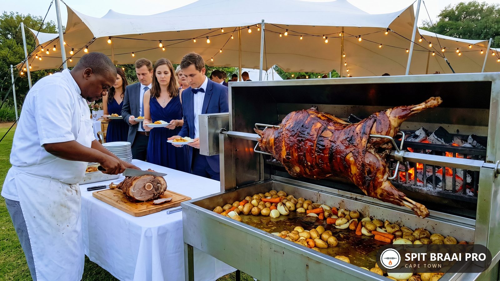 Spit-roast lamb carved to order at a Stellenbosch outdoor function